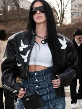 A full styling shot of the Camilla Araujo leather jacket from PFW 2026 available at America Jackets.