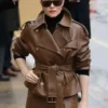 [PFW-2026-Claire-Foy-Brown-Leather-Jacket-Front-View] ALT Text: Front view of the PFW 2026 Claire Foy brown leather jacket from America Jackets.