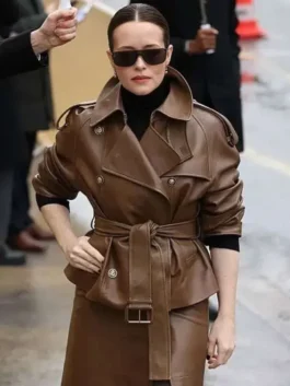 [PFW-2026-Claire-Foy-Brown-Leather-Jacket-Front-View] ALT Text: Front view of the PFW 2026 Claire Foy brown leather jacket from America Jackets.