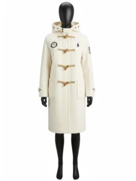 Front view of the Polo Ralph Lauren Team USA opening ceremony coat 2026 on a black mannequin in cream color featuring a hooded toggle coat design and Olympic patches.
