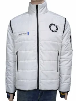 A product showcase of the Portal 2 puffer jacket, emphasizing its customizable fit and premium parachute fabric material.