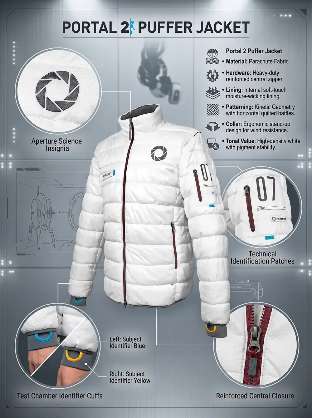 An infographic displaying a white Portal 2 puffer jacket featuring an Aperture Science insignia, technical identification patches on the sleeve, asymmetrical blue and yellow identifier cuffs, and a reinforced central zipper.