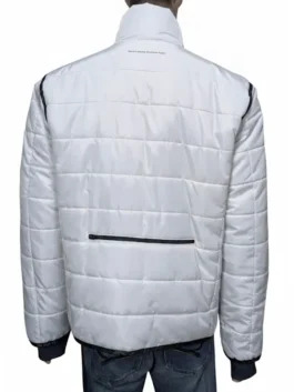 A white puffer jacket inspired by Portal 2, featuring the Aperture Laboratories logo on the chest and contrasting dark accents.