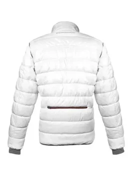 Back view of the Portal 2 puffer jacket in white with blue details from America Jackets.