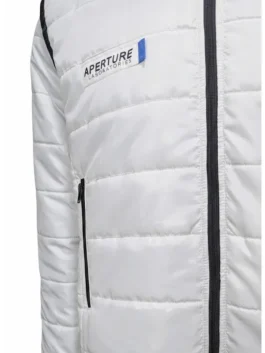 Detailed view of the Portal 2 puffer jacket showcasing the horizontal quilted baffles, stand-up collar, and heavy-duty zipper.