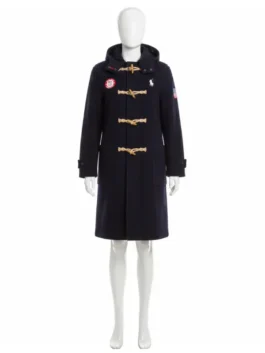 Navy black Ralph Lauren Team USA 2026 opening ceremony toggle coat on a mannequin, showcasing a hooded wool duffle coat style for the Winter Games.