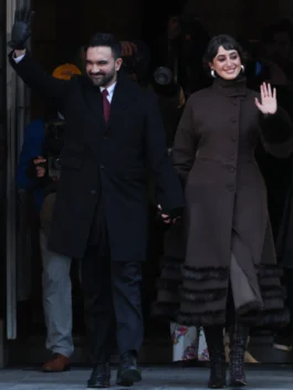 Rama Duwaji Ceremonial Inauguration 2026 Long Coat full view with fur-trim hem bands and winter styling