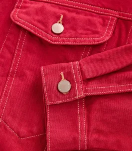 Detailed view of the sleeve cuff and pocket on a women red denim jacket, highlighting the quality of this affordable, cheap red denim jacket.