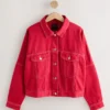 Front view of a vibrant Red Denim Jacket for men & women, a high-quality unisex denim jacket red featuring a classic button-down style.