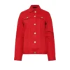 Front view of a vibrant Red Denim Jean Jacket for womens featuring classic silver buttons, chest pockets, and a tailored fit in a bold crimson wash.