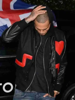 Chris Brown Black Bomber Jacket showcasing a deep onyx colorway with a high-contrast red heart design and durable hardware.