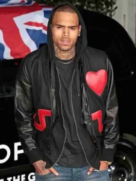 Chris Brown Black Bomber Jacket featuring the iconic red heart graphic on the chest and a premium heavy-weight finish.