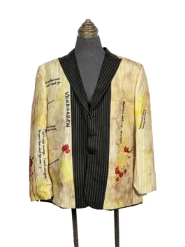 Front view of a white formal blazer showing internal storage pouches and external waist pockets.