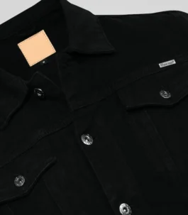 Close-up of a Men black Denim Jacket showing premium stitching and button details. A stylish Black denim style jacket for durable everyday wear.
