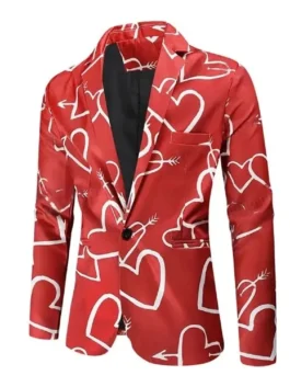 Hearts Printed Red Blazer showcasing a festive holiday aesthetic and high-quality fabric drape for a premium ensemble.