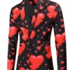 Hearts Printed Black Blazer showcasing a high-contrast red and black aesthetic with premium fabric and a polished drape.