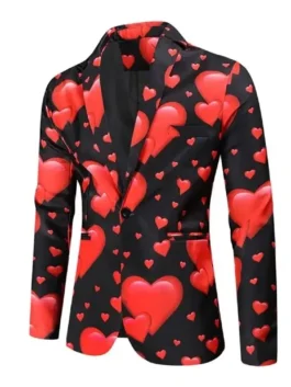 Hearts Printed Black Blazer showcasing a high-contrast red and black aesthetic with premium fabric and a polished drape.