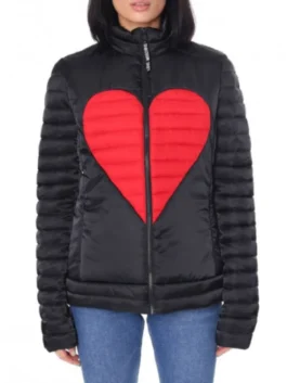 Red Heart Black Puffer Jacket featuring high-contrast crimson heart stitching and a premium insulated quilted finish.