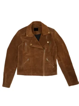 Front view of a womens brown biker jacket in premium suede leather. This tan biker jacket features a classic asymmetric zip, lapels, and functional pockets.