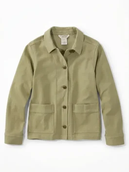 Flat lay front view of a women's olive khaki canvas stretch barn jacket with a button-up front and utility patch pockets