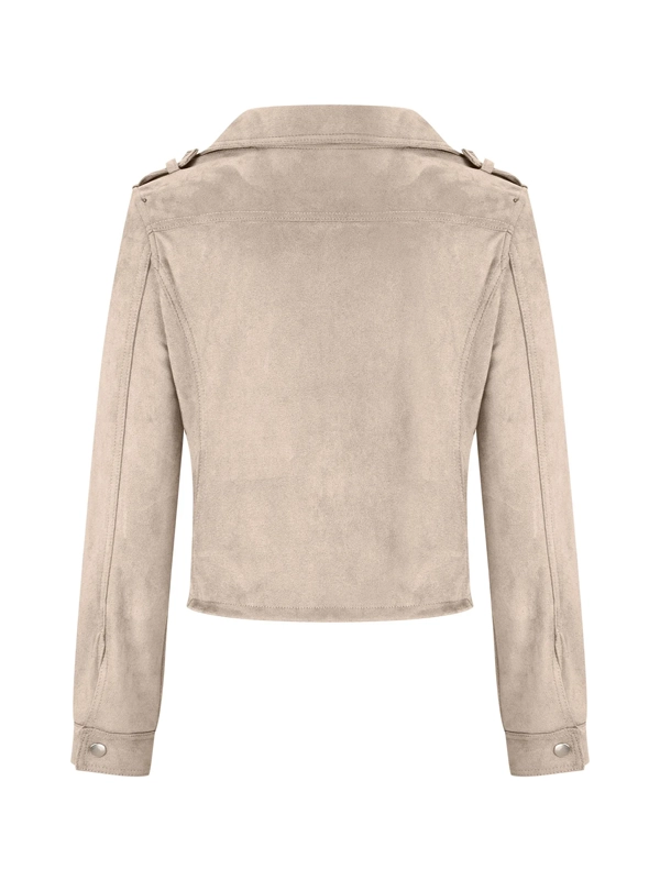Back view of this beige suede jacket ladies showing the tailored fit and shoulder epaulets of the women’s beige suede motorcycle jacket.