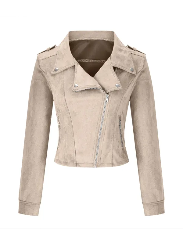 Front view of a stylish beige suede jacket womens featuring a women’s beige suede biker jacket design with asymmetric zippers and lapels.
