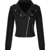 Front view of a stylish Womens suede black jacket in Black Suede Leather. This black leather suede jacket features a biker-style asymmetrical zipper.