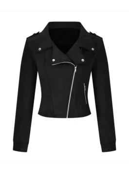 Front view of a stylish Womens suede black jacket in Black Suede Leather. This black leather suede jacket features a biker-style asymmetrical zipper.