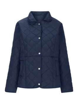 Front view of a ladies blue quilted jacket in navy blue, showcasing silver snap buttons, a stylish collar, and functional side pocket details.