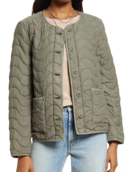 Front view of a Women's Quilted Green Jacket in olive green with a crew neck, button-down front, and cotton blend fabric for a stylish look.