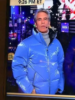Close up of the shiny blue fabric on the Andy Cohen 2026 puffer jacket.