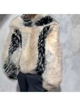 Back side view of Erin Andrews viral fur coat with oversized fit and plush black-smoke texture