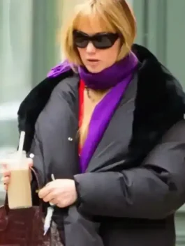 Jennifer Lawrence Puffer Coat in a deep black finish with high density insulation and a professional tailored fit.