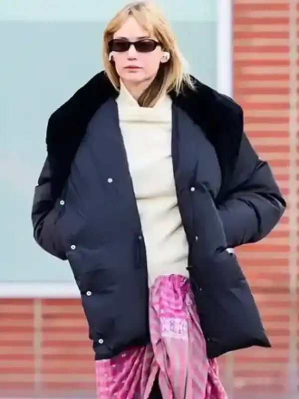 Jennifer Lawrence Puffer Coat front view showcasing the sturdy zipper and professional grade water resistant material.