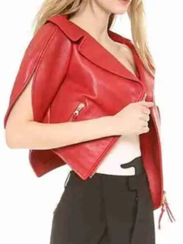 heart shaped red leather jacket featuring a unique sculptural silhouette and a vibrant scarlet finish for a high-status look.