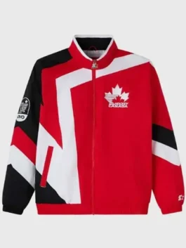 Front view of the red and white Hockey Canada 2026 Starter Jacket from America Jackets.