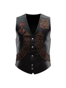 Front view of the jonny hale biker leather vest in black leather with silver snap buttons and detailed First Nations patches.