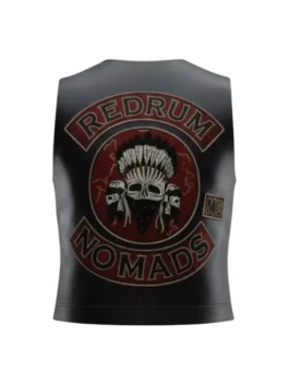 Back display of the jonny hale black leather vest featuring the large Redrum Nomads circular patch and center skull design.