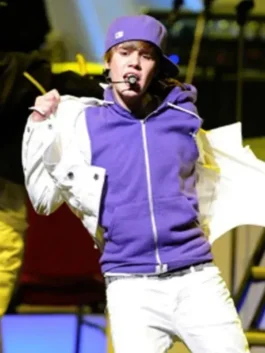Justin Bieber oversized purple hoodie streetwear look