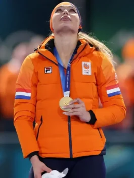 Dutch Olympic team puffer jacket 2026 worn by Jutta Leerdam as she looks up during the Winter Olympics 2026 Netherlands jacket ceremony.