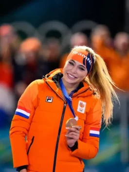 Jutta Leerdam Team NL jacket for the Winter Olympics 2026 Netherlands puffer jacket collection, featuring a gold medal and Fila branding.
