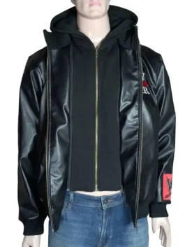 Front view of a men’s hooded wrestling jacket with bold branding and rib-knitted cuffs for a modern silhouette.