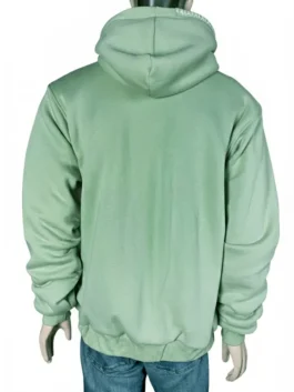 Rear view of a solid sage green fleece pullover hoodie on a mannequin featuring a clean back panel and a structured hood.