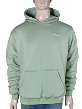 Front view of a sage green fleece pullover hoodie on a mannequin showcasing a small white text logo on the left chest and a signature blanket stitch detail along the hood rim.