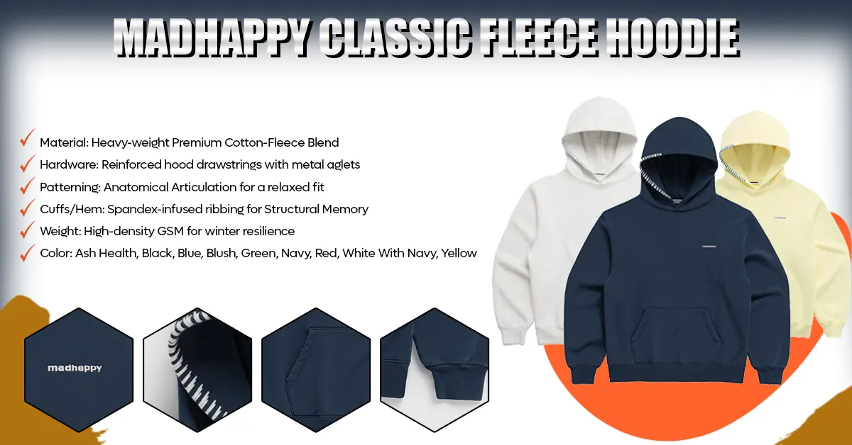 Technical chart for a premium heavy fleece pullover with detailed fabric and cuff specifications.
