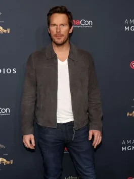 Chris Pratt Mercy 2026 grey suede leather jacket premiere look