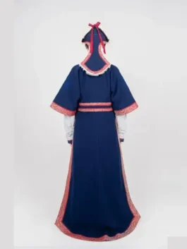 Back view of the Milano Cortina 2026 Team Mongolia womens outfit featuring a navy ceremonial deel with high collar and red embroidered trim.
