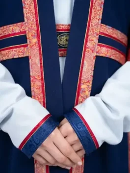 Detail of the mongolia olympics 2026 opening ceremony womens outfit, showing the belted deel waist and decorative red silk borders on the sleeves.