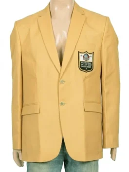 Front view of a structured gold sports-themed formal blazer.