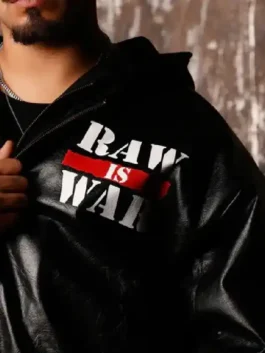 Raw Is War Jacket close-up design highlighting the professional grade stitching and premium fabric weave details.